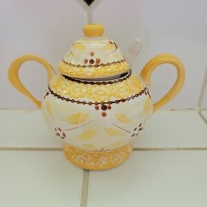 Yellow and Cream Ceramic Sugar Bowl with Spoon